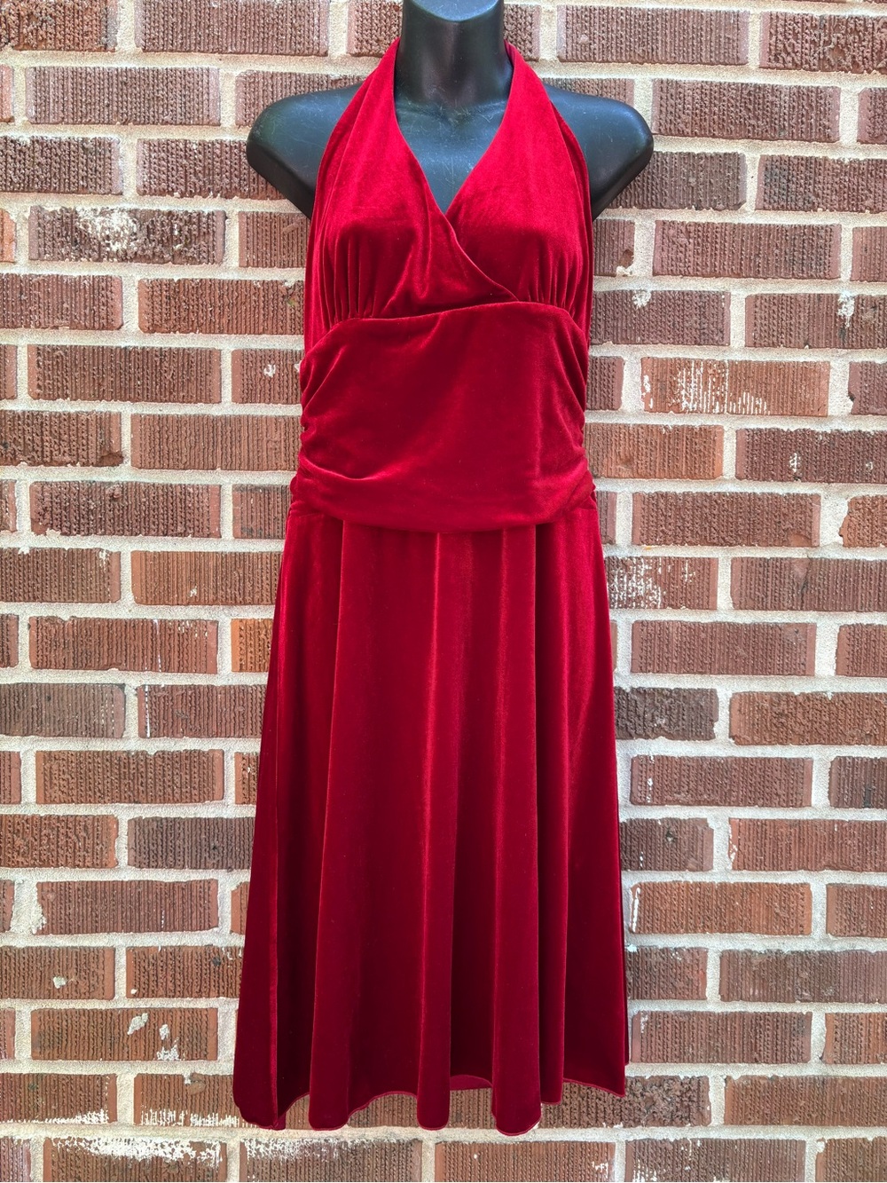 Dark Red velour halter dress size large ladies womens sleeveless party V neck